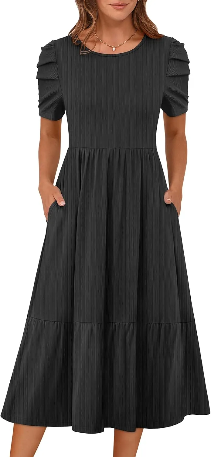 LOGENE Women's Summer Puff Short Sleeve A-Line Midi Dresses Casual Rib Knit T-Shirt Dress Flowy Beach Sundress with Pockets