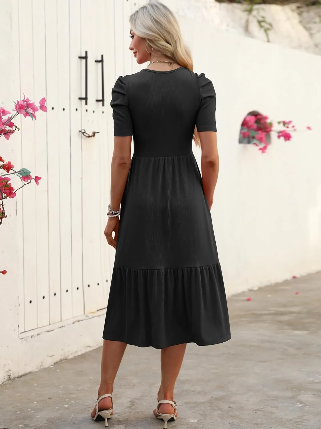 LOGENE Women's Summer Puff Short Sleeve A-Line Midi Dresses Casual Rib Knit T-Shirt Dress Flowy Beach Sundress with Pockets