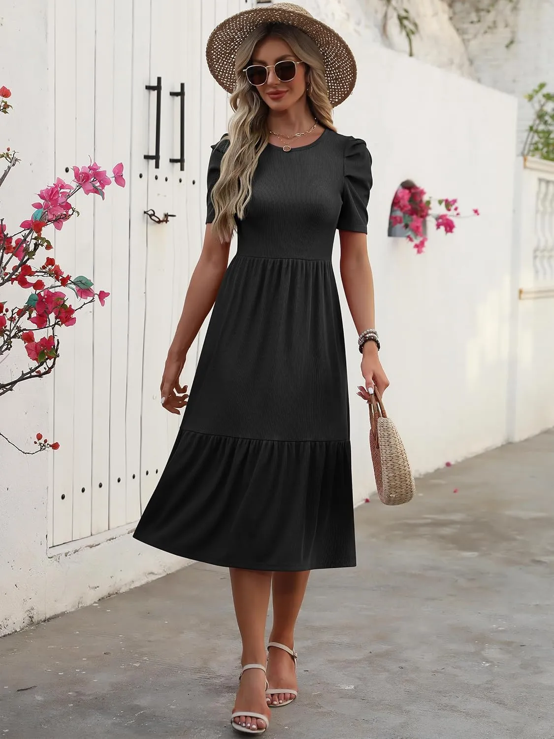 LOGENE Women's Summer Puff Short Sleeve A-Line Midi Dresses Casual Rib Knit T-Shirt Dress Flowy Beach Sundress with Pockets