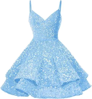 Loyeloy Short Homecoming Dresses for Teens 2025 Layered Sequin Spaghetti Straps V Neck Prom Evening Gowns