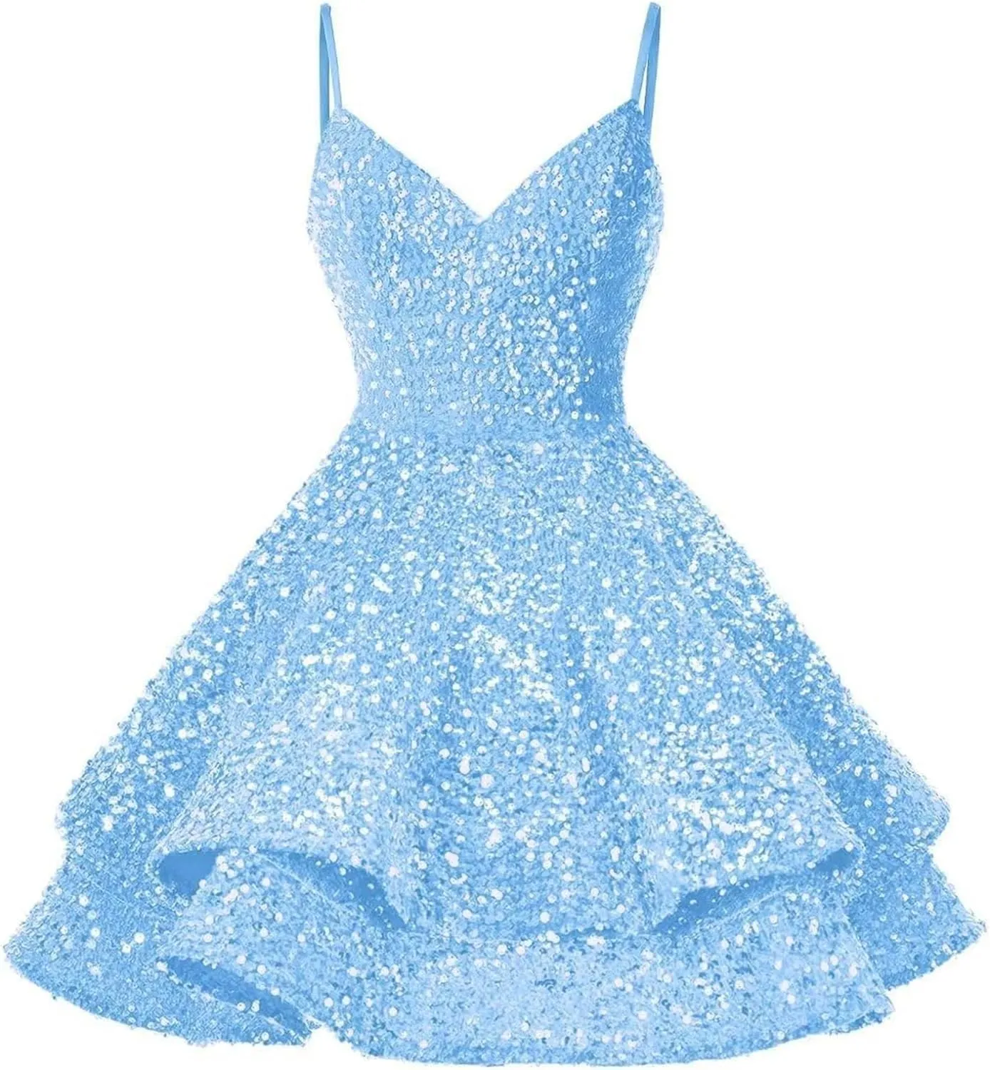 Loyeloy Short Homecoming Dresses for Teens 2025 Layered Sequin Spaghetti Straps V Neck Prom Evening Gowns