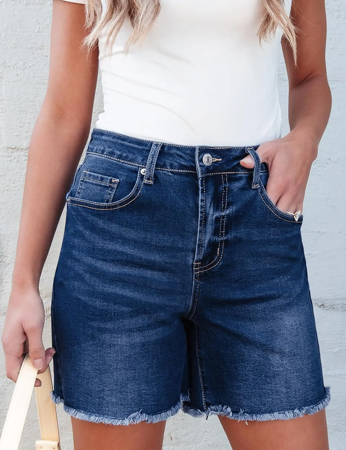 luvamia FleXclusive Jean Shorts for Women Trendy High Waisted Stretchy Denim Summer Raw Hem Mom Long Shorts Cutoff Jorts