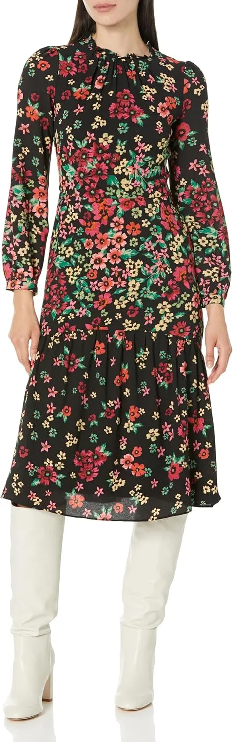 Maggy London Women's Long Sleeve Ruffle Mock Neck Dress
