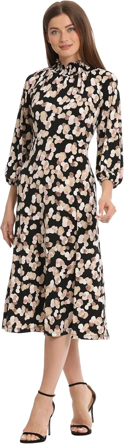 Maggy London Women's Mini Ruffle Smocked Mock Neck Midi Dress