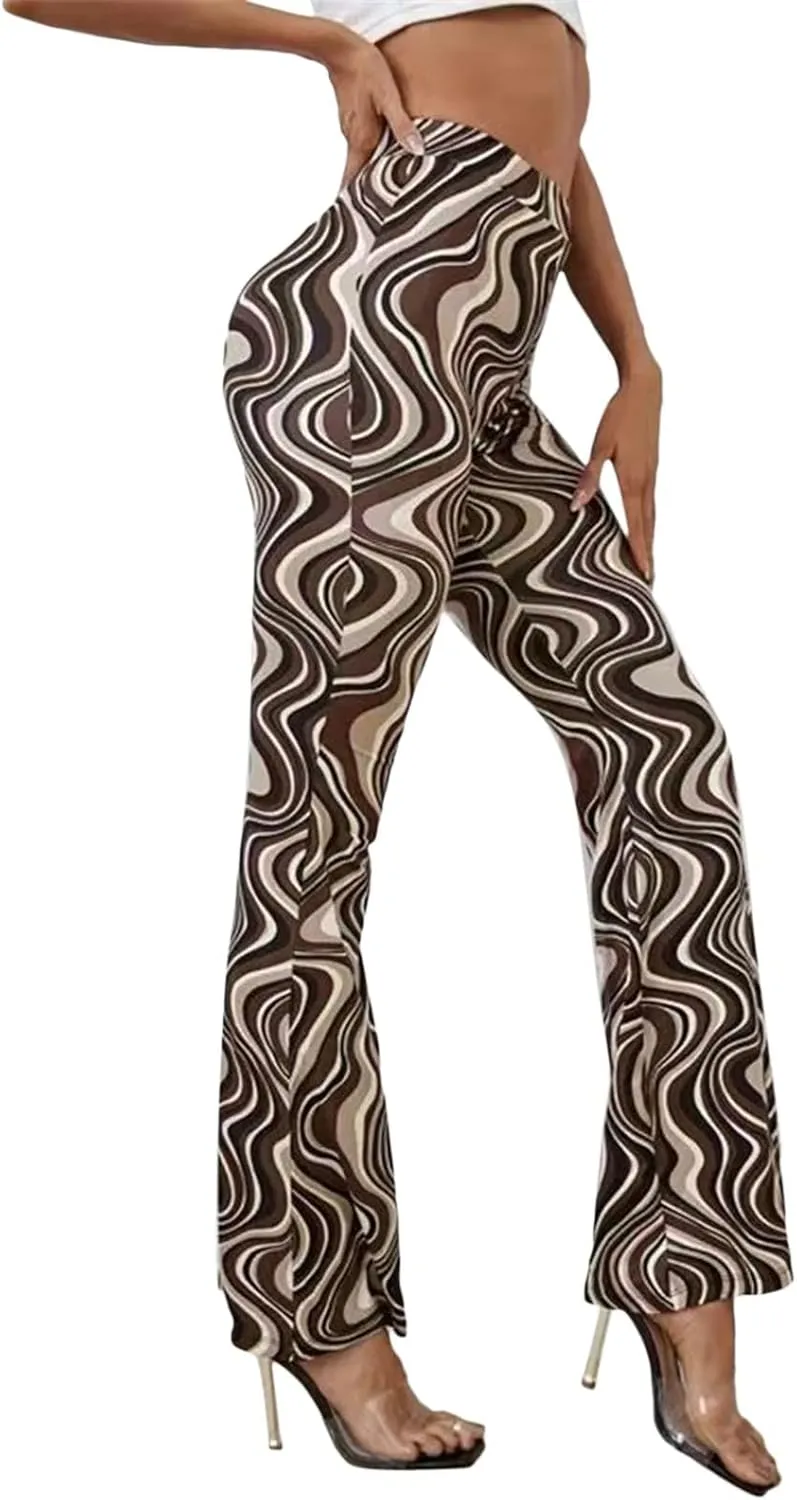 MAINESAKA Women Boho Flare Pants Floral Print High Waist Comfy Stretchy Slim Fits Yoga Bell Bottom Trousers
