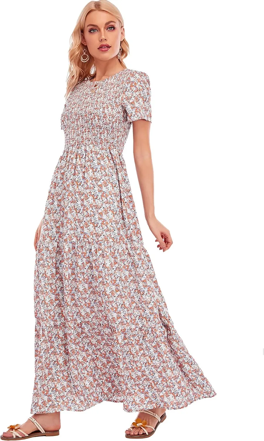 MANAIXUAN Women's Summer Casual Floral Print Party Maxi Dresses Short Sleeve A Line Long Tiered Sun Dress