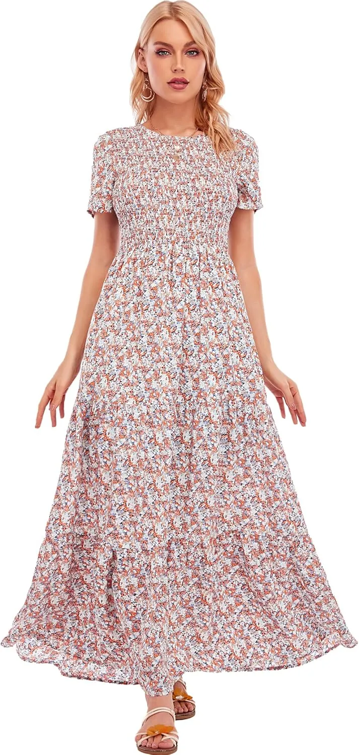 MANAIXUAN Women's Summer Casual Floral Print Party Maxi Dresses Short Sleeve A Line Long Tiered Sun Dress