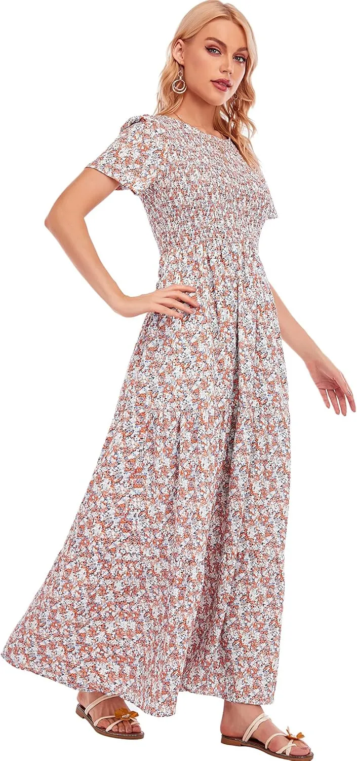 MANAIXUAN Women's Summer Casual Floral Print Party Maxi Dresses Short Sleeve A Line Long Tiered Sun Dress