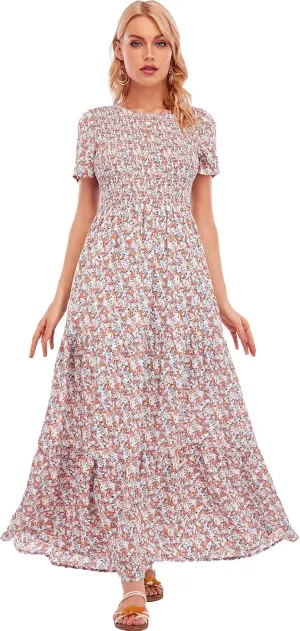 MANAIXUAN Women's Summer Casual Floral Print Party Maxi Dresses Short Sleeve A Line Long Tiered Sun Dress