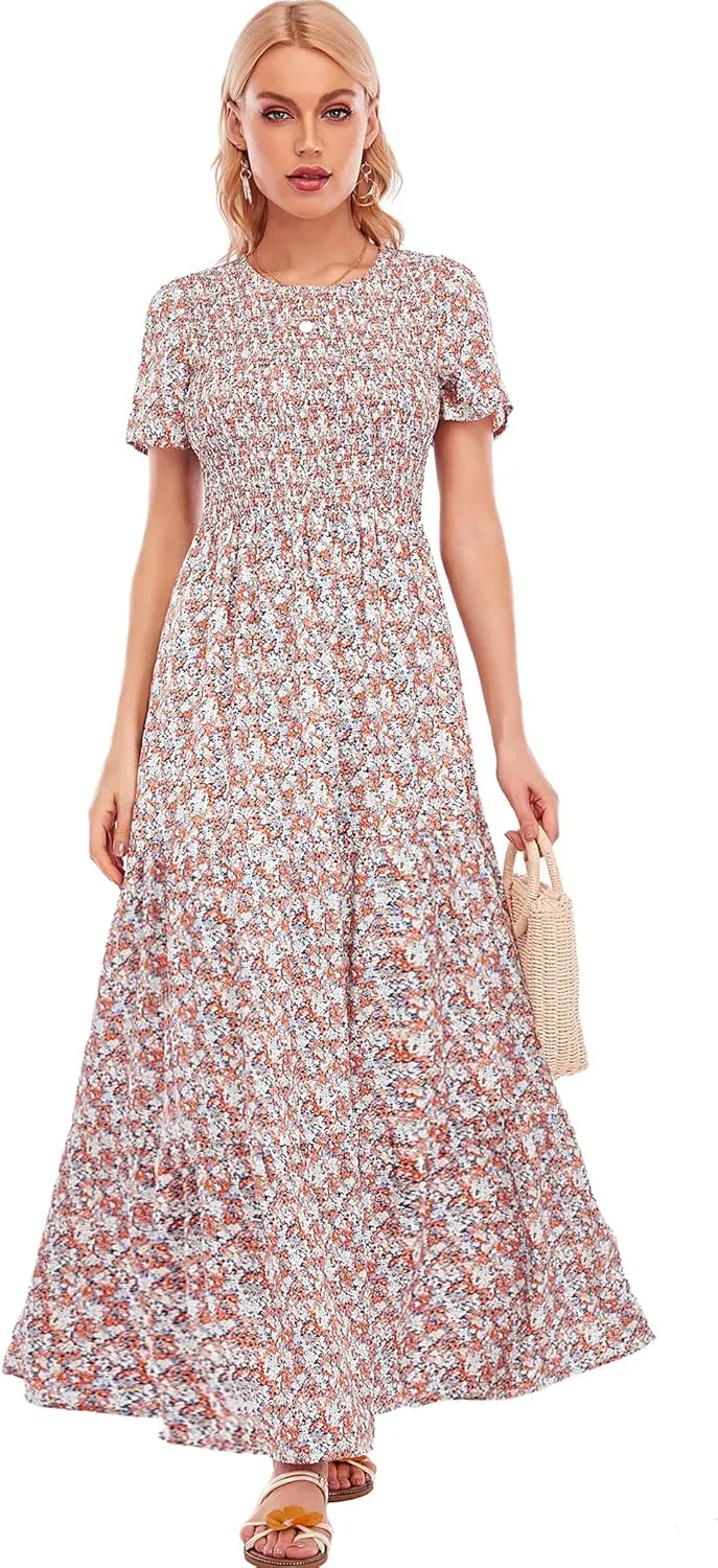 MANAIXUAN Women's Summer Casual Floral Print Party Maxi Dresses Short Sleeve A Line Long Tiered Sun Dress