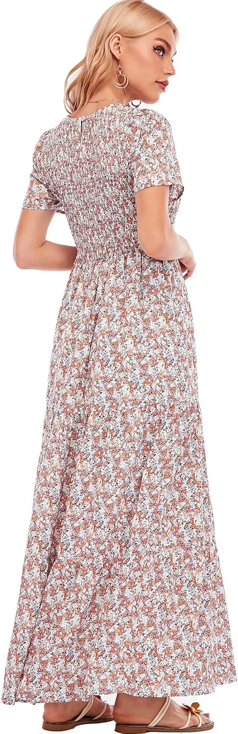 MANAIXUAN Women's Summer Casual Floral Print Party Maxi Dresses Short Sleeve A Line Long Tiered Sun Dress