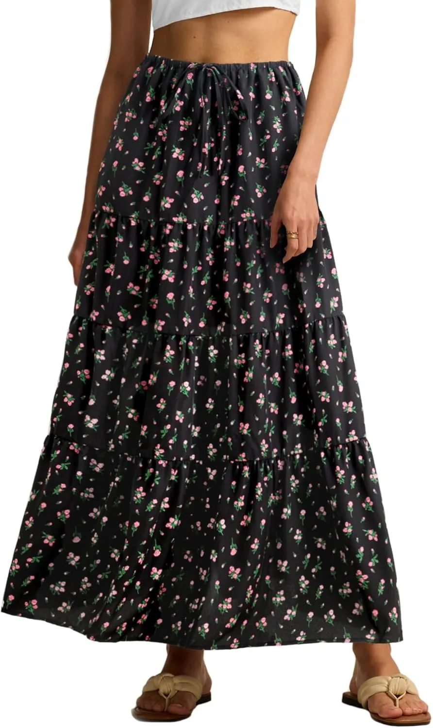 Maxi Skirts for Women Tiered Long Skirts Pleated A Line Adjustable Elastic Waist with Drawstring Flowy Long Skirt