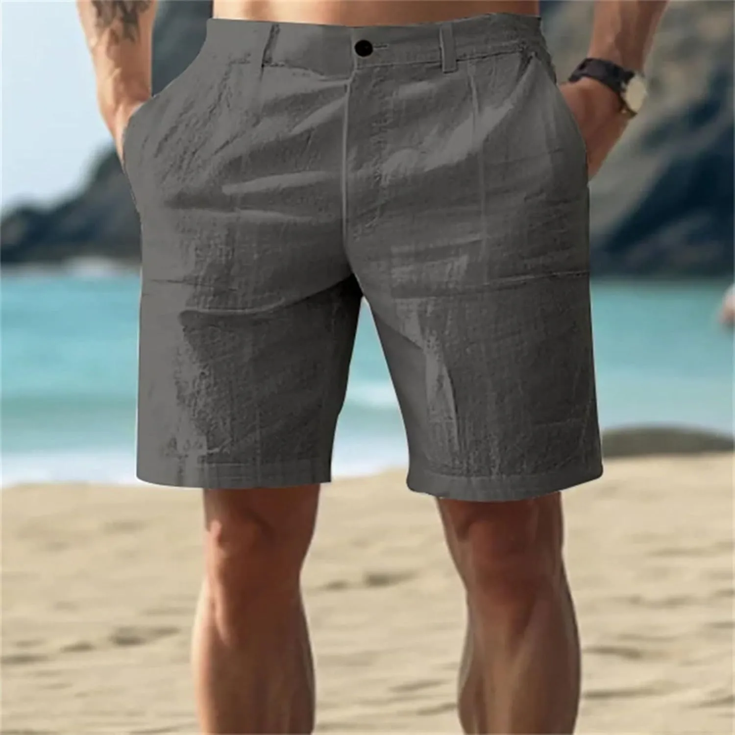 Mens Linen Shorts Elastic Waist Shorts Casual Summer Lightweight Cotton Linen Pants with Pockets