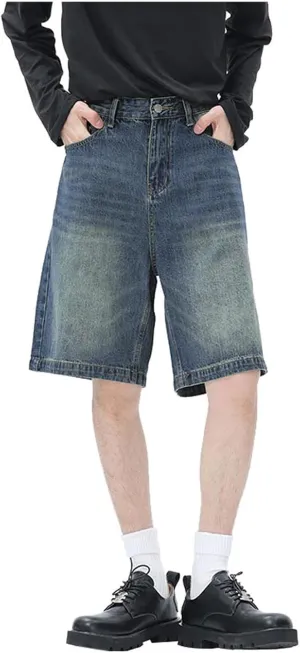 Men's Loose Hip Hop Mid Jean Shorts Work Denim Shorts with Pockets Casual Summer Streetwear Clothes