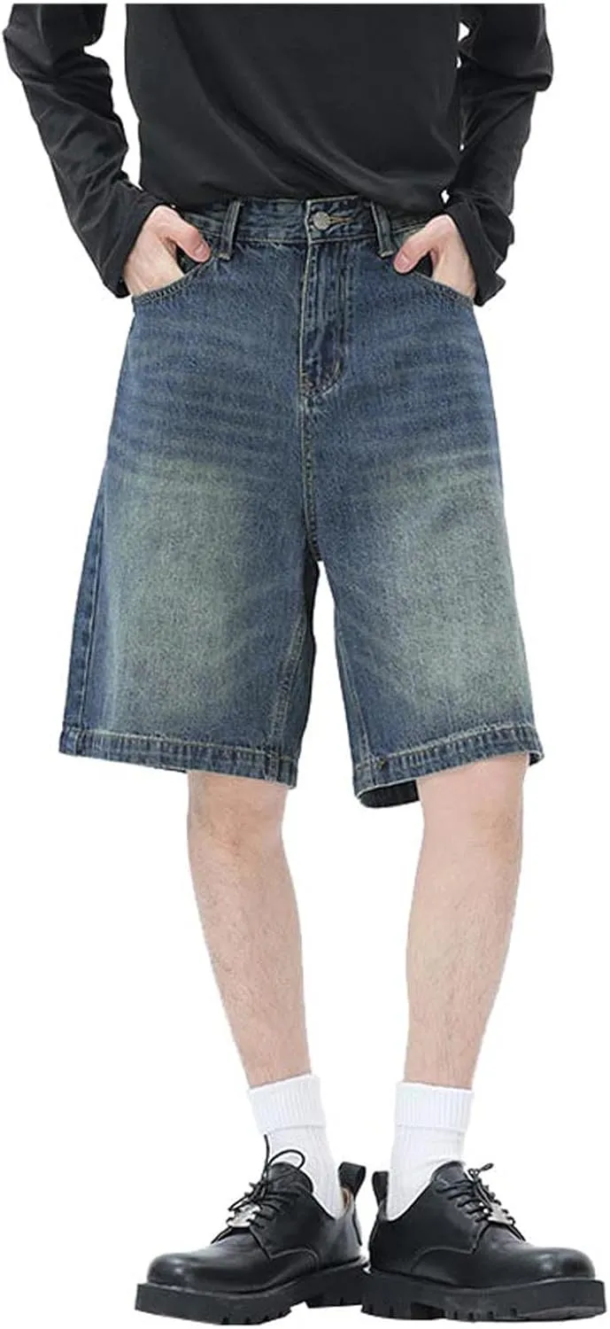 Men's Loose Hip Hop Mid Jean Shorts Work Denim Shorts with Pockets Casual Summer Streetwear Clothes
