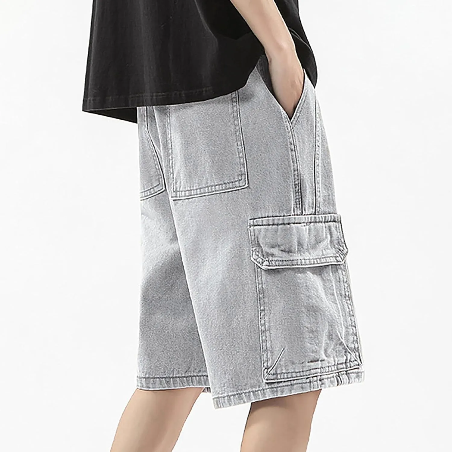 Men's Wide Leg Y2K Hip Hop Mid Jean Shorts Baggy Denim Shorts with Pockets Aesthetic Pants Streetwear Clothes
