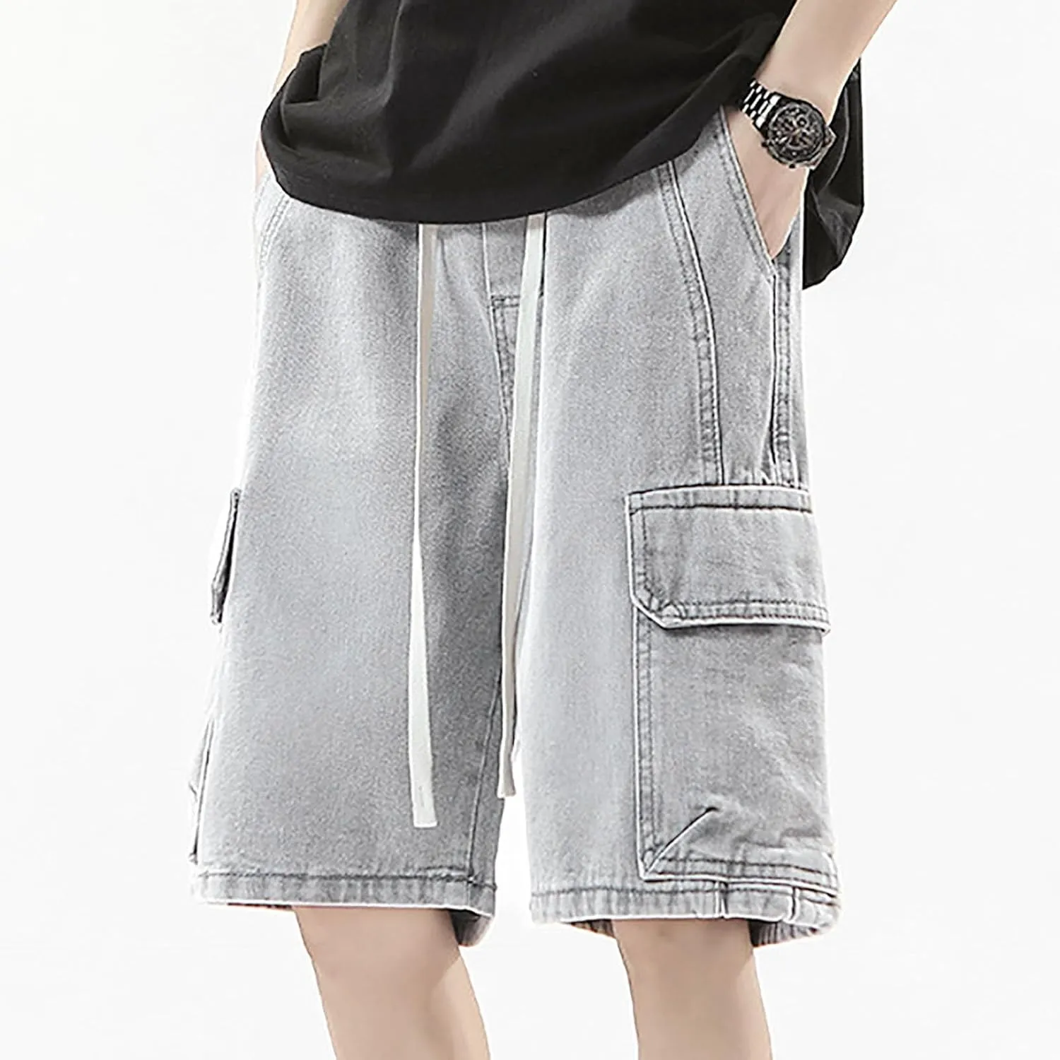 Men's Wide Leg Y2K Hip Hop Mid Jean Shorts Baggy Denim Shorts with Pockets Aesthetic Pants Streetwear Clothes