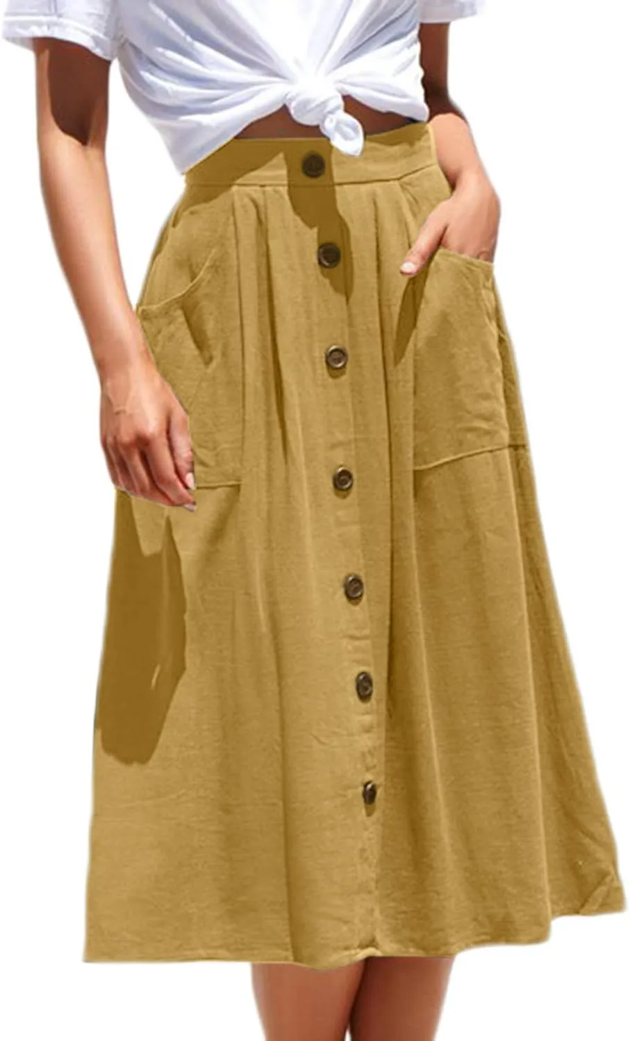 Meyeeka Womens Casual High Waist Flared A-line Skirt Pleated Midi Skirt with Pocket