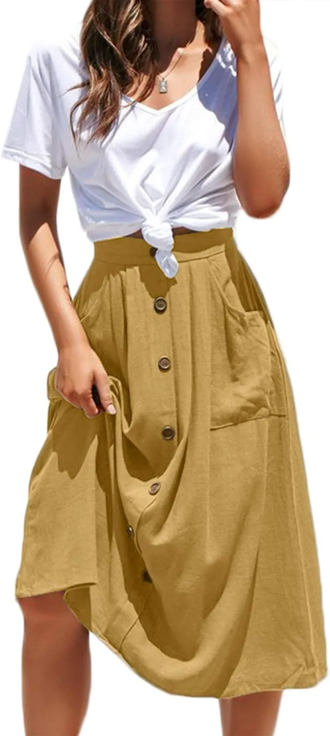 Meyeeka Womens Casual High Waist Flared A-line Skirt Pleated Midi Skirt with Pocket