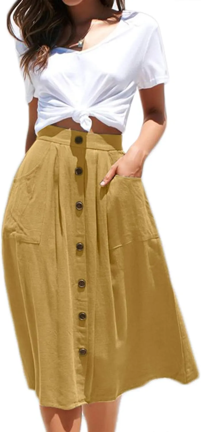 Meyeeka Womens Casual High Waist Flared A-line Skirt Pleated Midi Skirt with Pocket