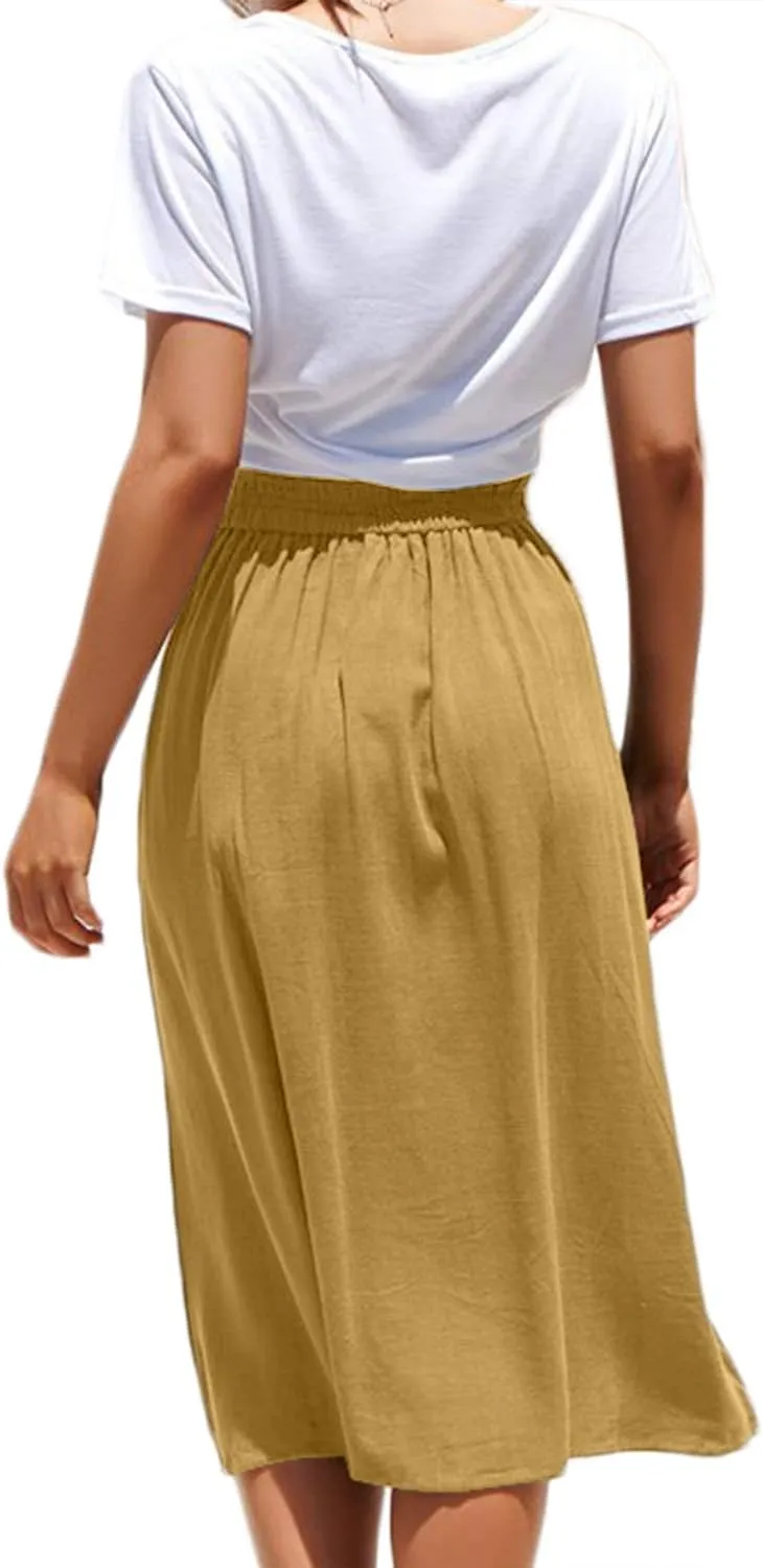 Meyeeka Womens Casual High Waist Flared A-line Skirt Pleated Midi Skirt with Pocket