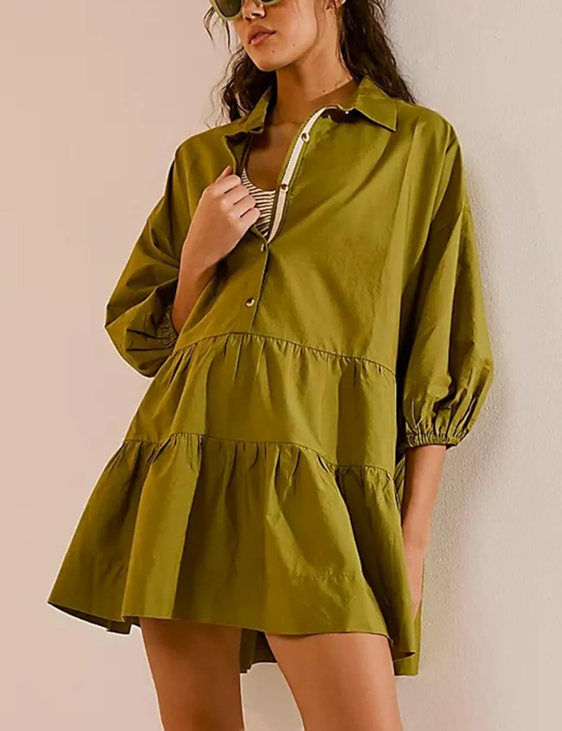 Mingzhu Womens Summer Tiered Puff Sleeve Shirtdress Flowy A-line Babydoll Mini Dress