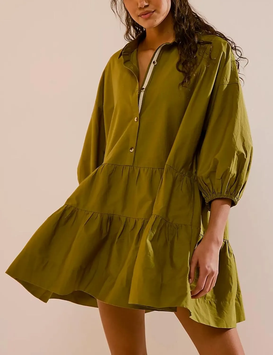 Mingzhu Womens Summer Tiered Puff Sleeve Shirtdress Flowy A-line Babydoll Mini Dress