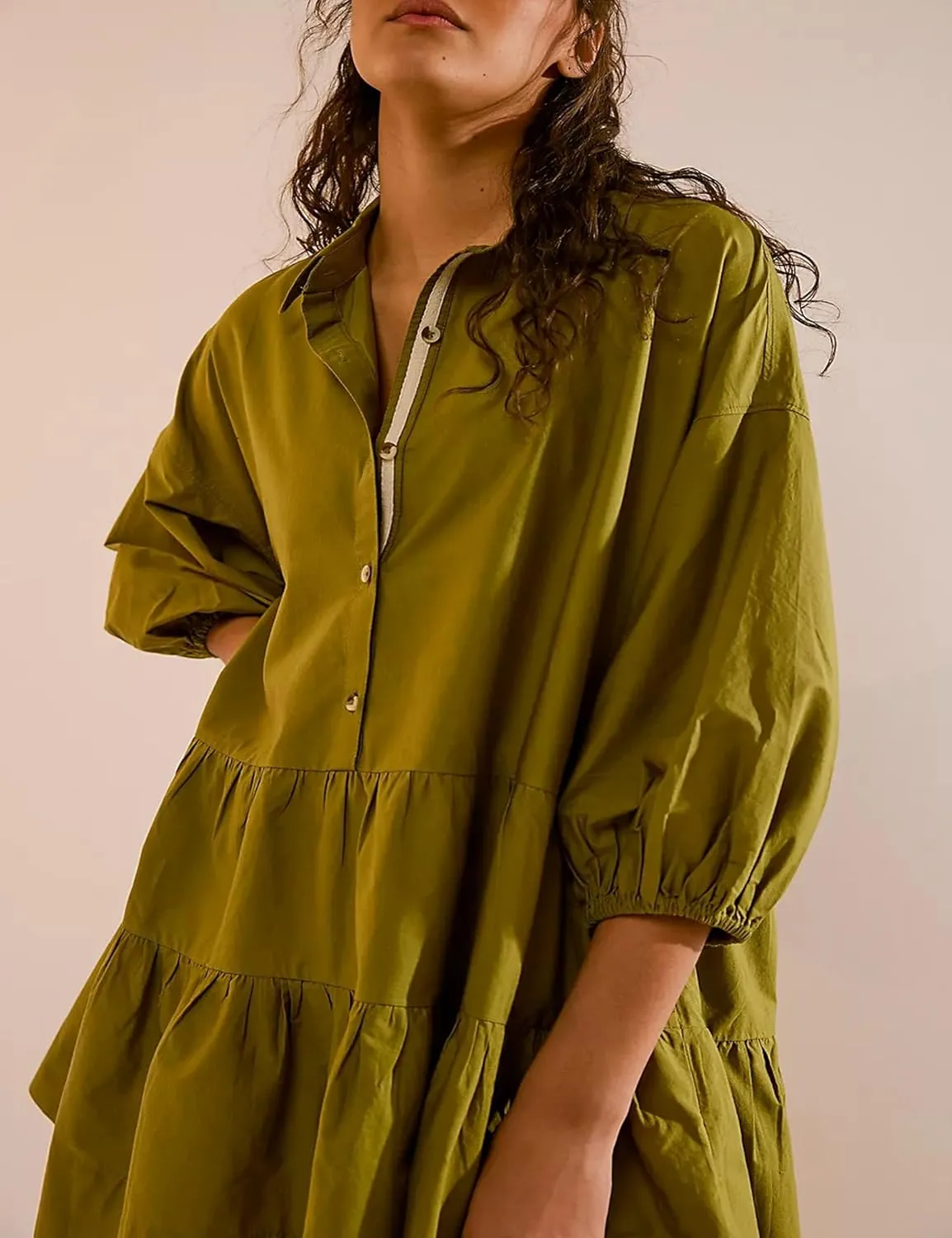 Mingzhu Womens Summer Tiered Puff Sleeve Shirtdress Flowy A-line Babydoll Mini Dress