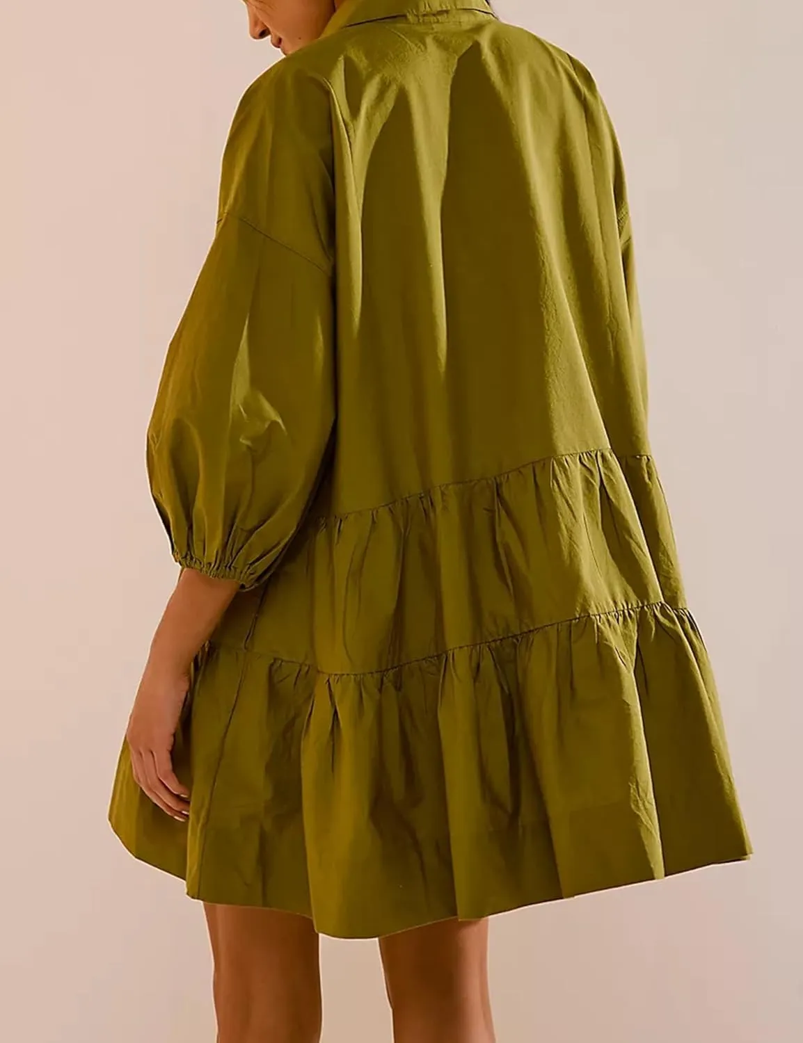 Mingzhu Womens Summer Tiered Puff Sleeve Shirtdress Flowy A-line Babydoll Mini Dress