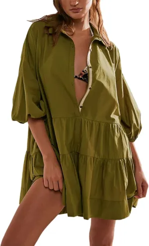Mingzhu Womens Summer Tiered Puff Sleeve Shirtdress Flowy A-line Babydoll Mini Dress