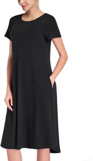 MISSKY Short Sleeve Plus Size Loose Pocket Swing Summer Midi Casual Dresses for Women (M, Black-Short Sleeve)