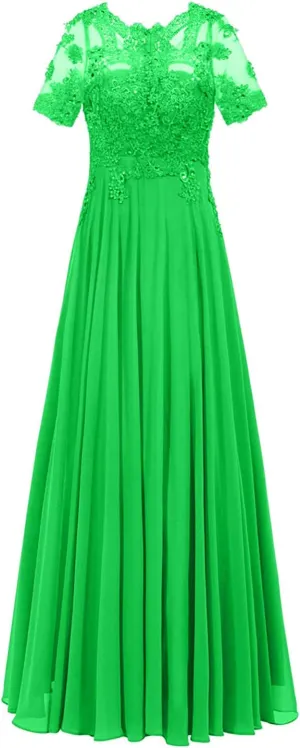 Monalia Women Lace A Line Bridesmaid Long Dress Formal Short Sleeves Chiffon Evening Prom Gown(Green, US16)