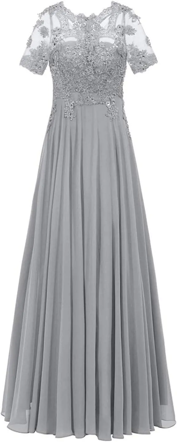 Monalia Women Lace A Line Bridesmaid Long Dress Formal Short Sleeves Chiffon Evening Prom Gown(Grey, US12)