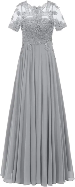 Monalia Women Lace A Line Bridesmaid Long Dress Formal Short Sleeves Chiffon Evening Prom Gown(Grey, US12)