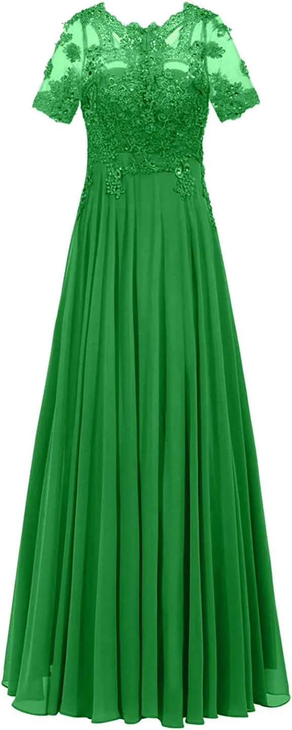 Monalia Women Lace A Line Bridesmaid Long Dress Formal Short Sleeves Chiffon Evening Prom Gown(Medium Green, US2)