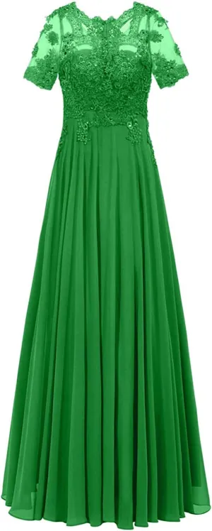 Monalia Women Lace A Line Bridesmaid Long Dress Formal Short Sleeves Chiffon Evening Prom Gown(Medium Green, US2)