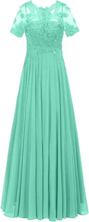 Monalia Women Lace A Line Bridesmaid Long Dress Formal Short Sleeves Chiffon Evening Prom Gown(Mint, US24)
