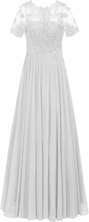 Monalia Women Lace A Line Bridesmaid Long Dress Formal Short Sleeves Chiffon Evening Prom Gown(Sliver, US22)