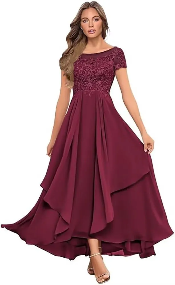 Mother of The Bride Dress for Wedding with Sleeves Lace Appliques Formal Evening Party Gowns Ruffle Prom Dress for Women