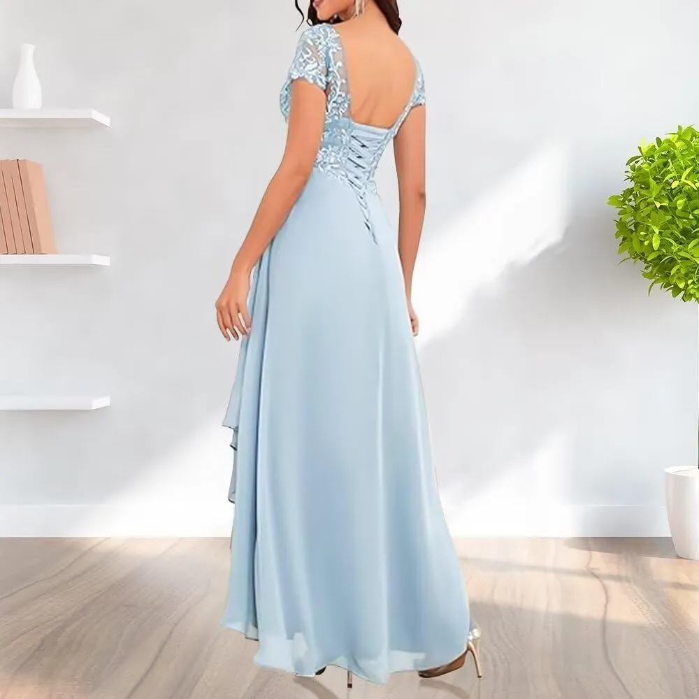 Mother of The Bride Dress for Wedding with Sleeves Lace Appliques Formal Evening Party Gowns Ruffle Prom Dress for Women