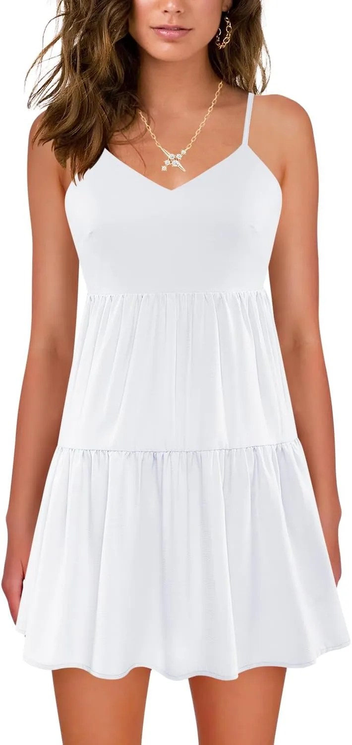 Nova In Sky Womens Summer Dresses 2025 Flowy Boho V-Neck Beach Sundresses Spaghetti Strap Tiered Mini Swing Skater Dress