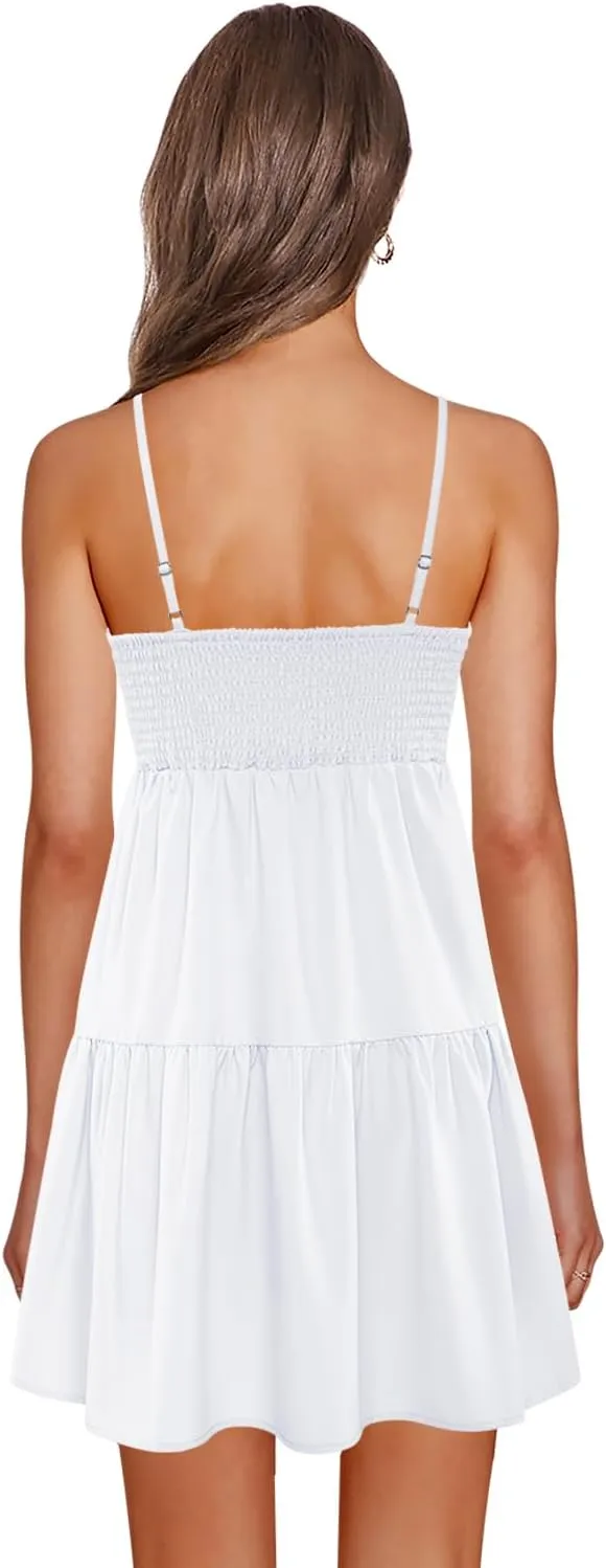Nova In Sky Womens Summer Dresses 2025 Flowy Boho V-Neck Beach Sundresses Spaghetti Strap Tiered Mini Swing Skater Dress
