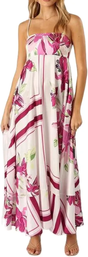 NUFIWI Women Summer Boho Striped Maxi Dress Spaghetti Strap Smocked Flowy Long Dress Ruffle Swing Tiered Beach Sundress