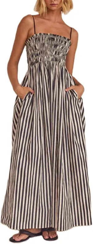 NUFIWI Women Summer Boho Striped Maxi Dress Spaghetti Strap Smocked Flowy Long Dress Ruffle Swing Tiered Beach Sundress