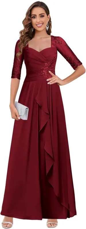 OFEECHUN Lace Applique Long Mother of The Bride Dresses for Wedding Chiffon Ruffle Formal Evening Gown with Sleeves