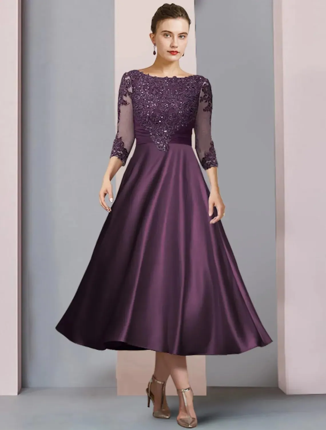 OFEECHUN Tea Length Mother of The Bride Dresses for Wedding Lace Appliques Satin Formal Evening Party Gown