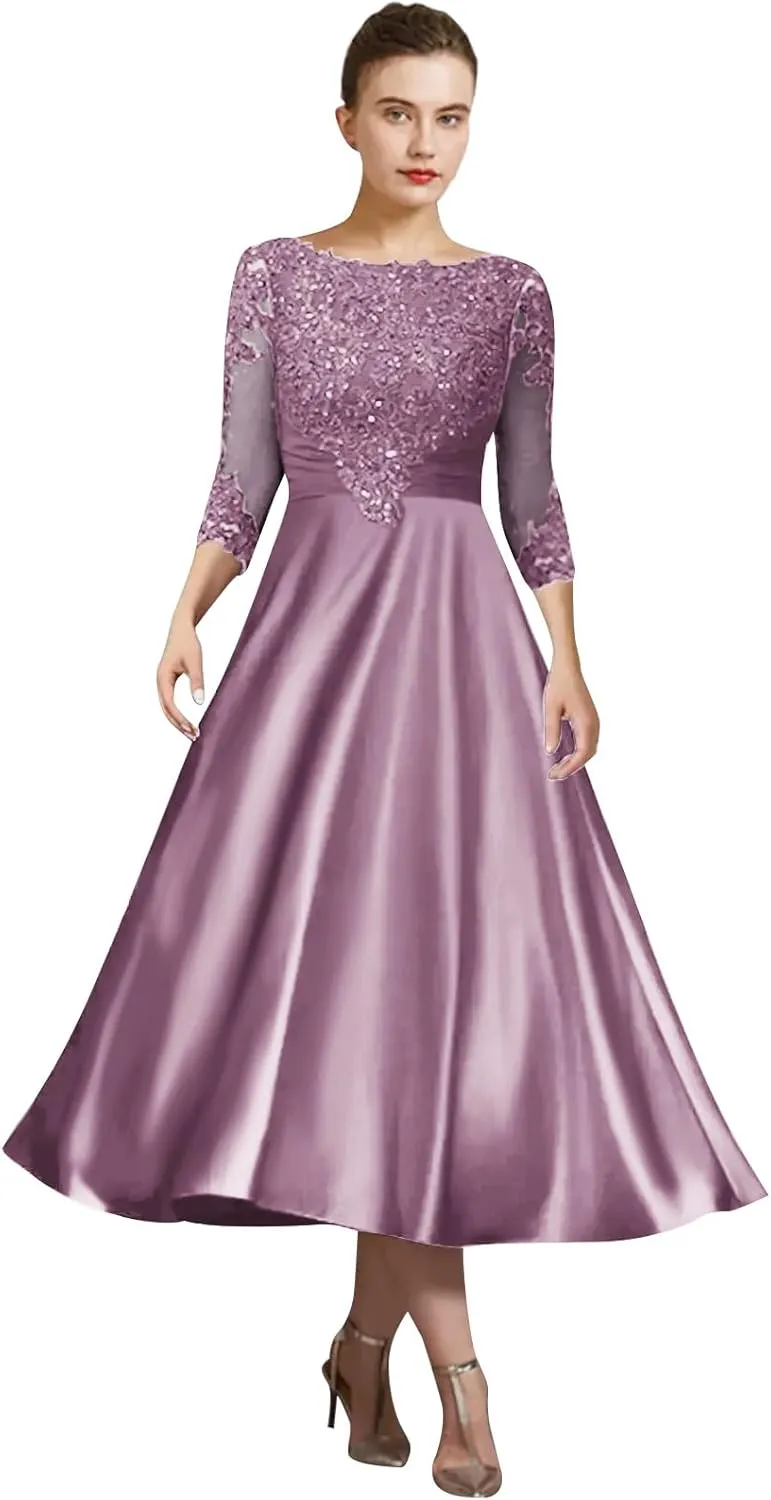 OFEECHUN Tea Length Mother of The Bride Dresses for Wedding Lace Appliques Satin Formal Evening Party Gown