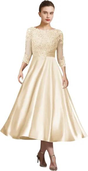 OFEECHUN Tea Length Mother of The Bride Dresses for Wedding Lace Appliques Satin Formal Evening Party Gown