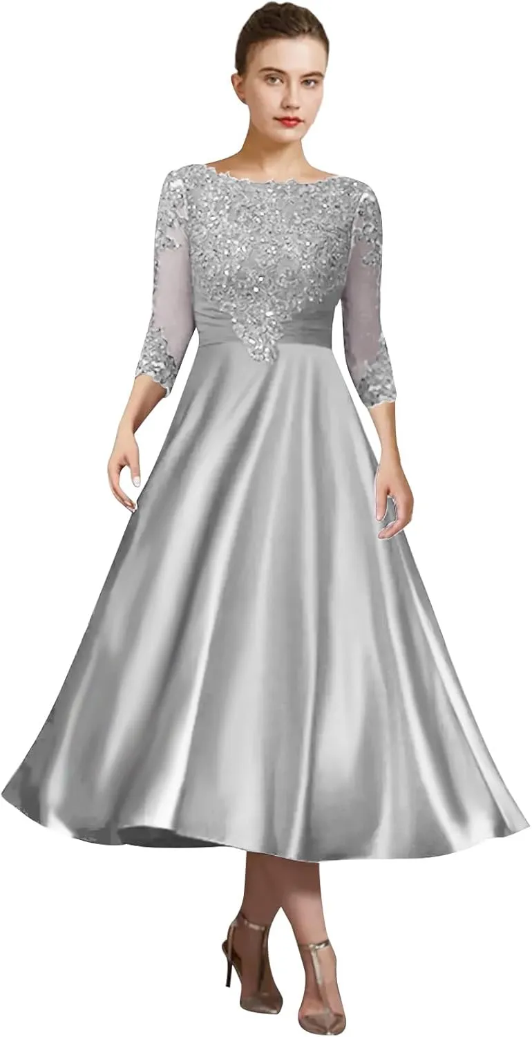 OFEECHUN Tea Length Mother of The Bride Dresses for Wedding Lace Appliques Satin Formal Evening Party Gown