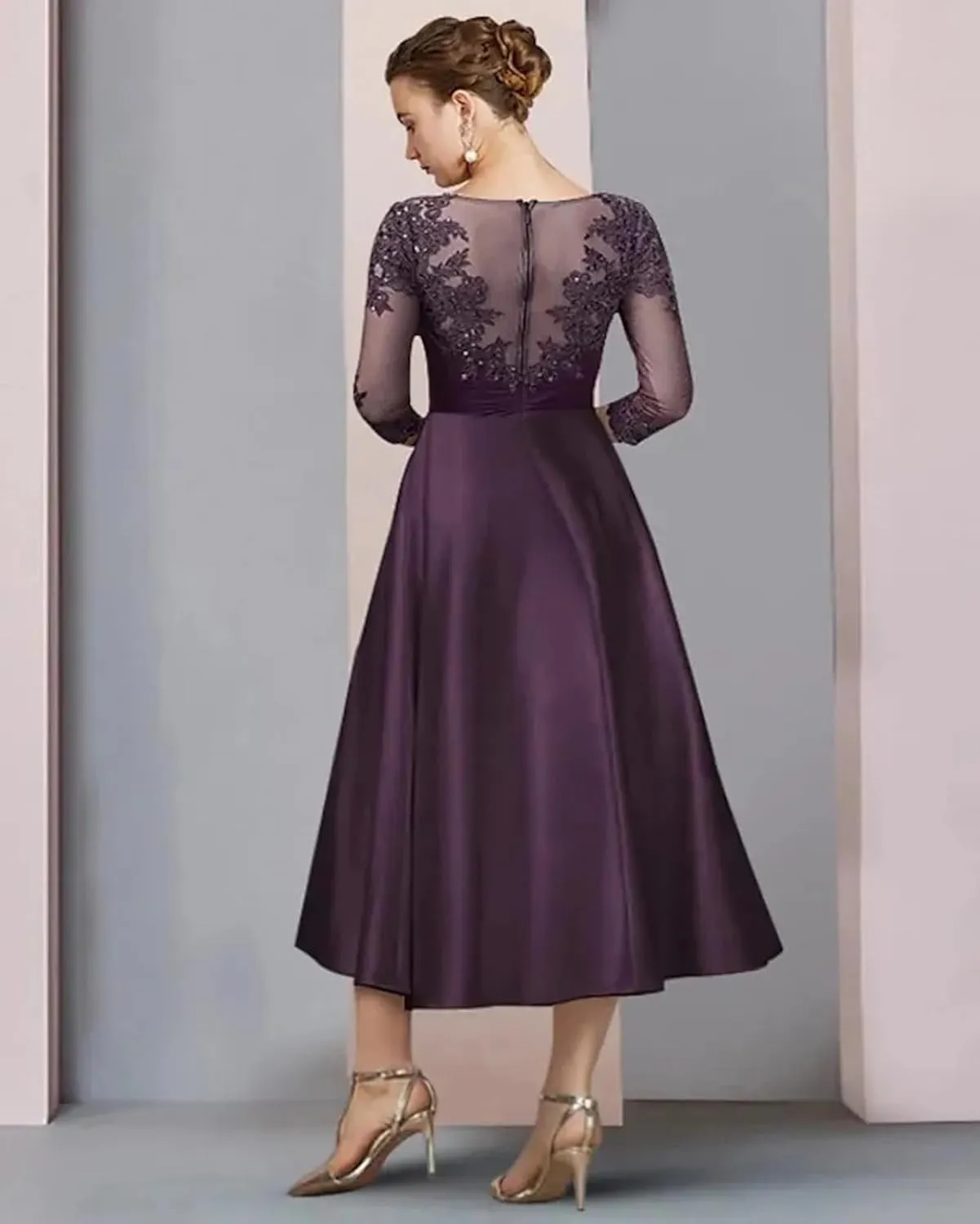 OFEECHUN Tea Length Mother of The Bride Dresses for Wedding Lace Appliques Satin Formal Evening Party Gown